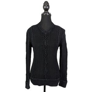 Theory Women's Small Black Heavy Cable Knit V-Neck Wool Blend Sweater